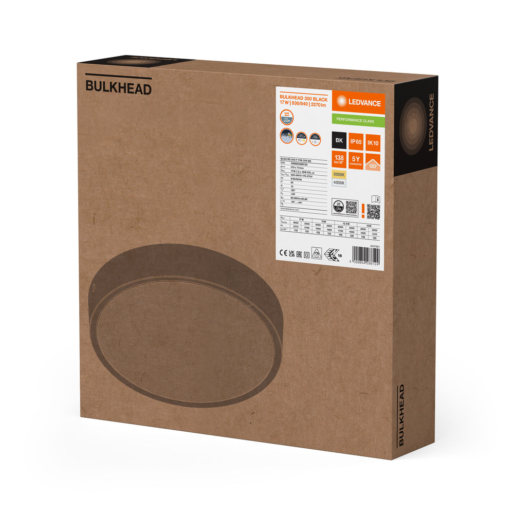 Ledvance LED Bulkhead Rund 300mm 17W IP65 IK10 2270 lumen 3000K 4000K Svart Ytmonterad Utomhusbelysning