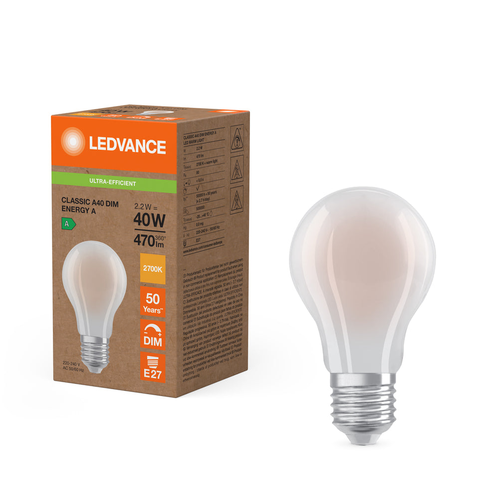 Ledvance LED Classic A Frostad E27 Dimbar Lampa 2.2W 2700K 470 lumen 220-240V Energiklass A