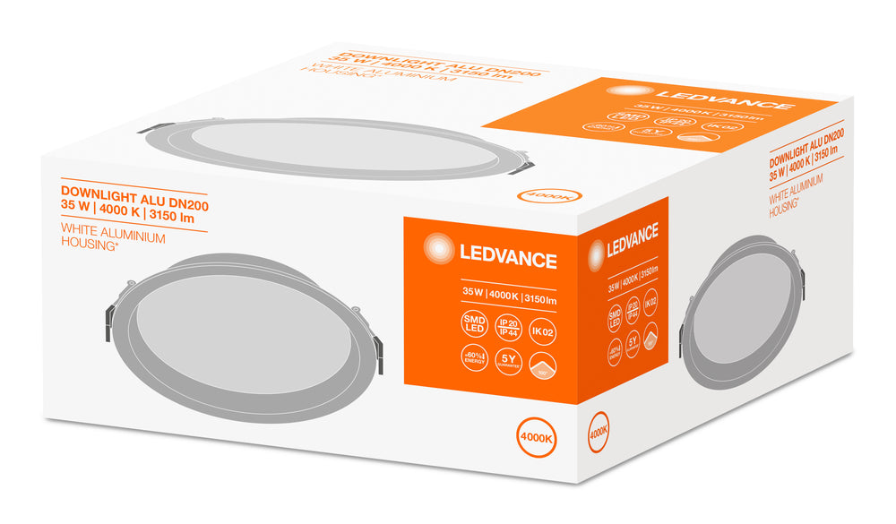 Ledvance LED downlight 200mm 20W/25W/30W 3000K/4000K 2400-3600 lumen CRI 90 IP44/IP20 Vit aluminium