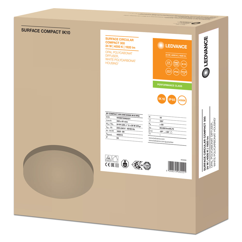 Ledvance Surface LED Compact 24W 4000K IP65 IK10 Vit tak- och vägglampa 1920 lumen