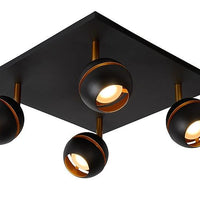 Lucide BINARI LED takspot, 4x4.5W 2700K, rund metall, matt sandig svart med gulddetaljer, IP20