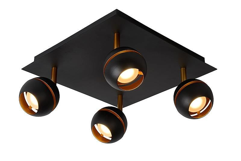 Lucide BINARI LED takspot, 4x4.5W 2700K, rund metall, matt sandig svart med gulddetaljer, IP20