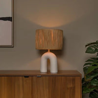 Lucide LED bordslampa Ronda med E27-sockel, rottingskärm, keramisk bas, 28x28x45cm Vit för inomhusbruk