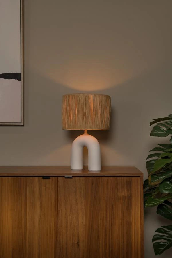 Lucide LED bordslampa Ronda med E27-sockel, rottingskärm, keramisk bas, 28x28x45cm Vit för inomhusbruk
