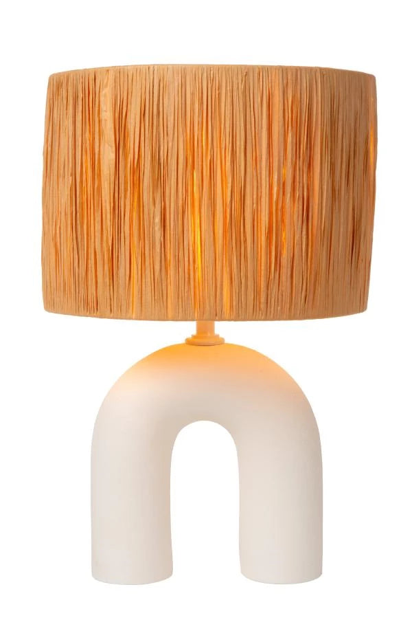 Lucide LED bordslampa Ronda med E27-sockel, rottingskärm, keramisk bas, 28x28x45cm Vit för inomhusbruk