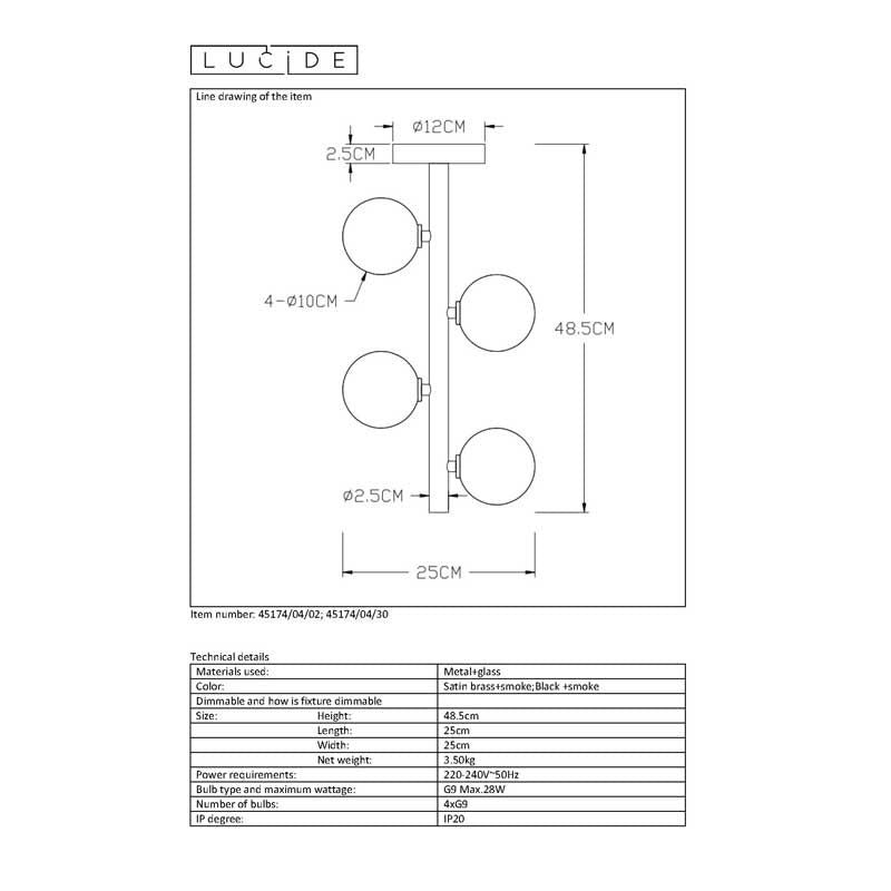 Lucide TYCHO LED taklampa 4xG9 socklar 220-240V Ø25cm Sandmässing & Svart Vintage Design