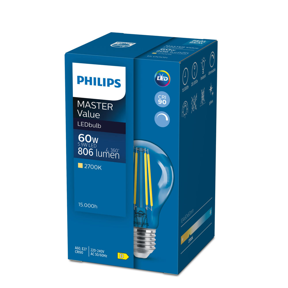 Philips MASTER Value LED Bulb 7.8W E27 A60 2700K Warm White 1055 lumens 90CRI Dimmable Matte Finish