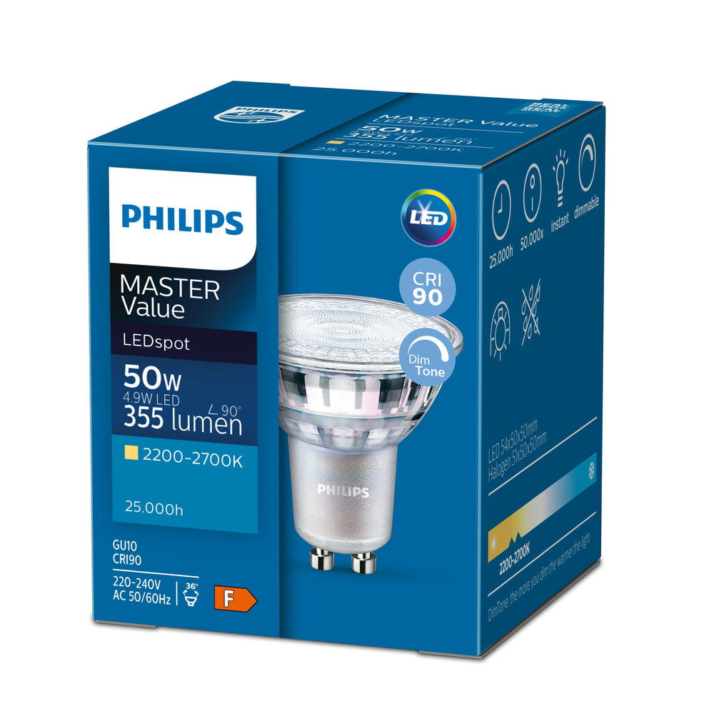 Philips MASTER Value LED Spot GU10 4.9W 3000K 365 lumen 60° dimbar 220-240V CRI 90 Vit