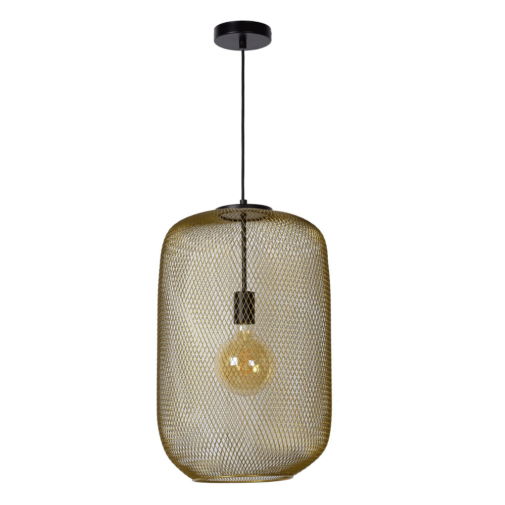 Lucide MESH hanging lamp Ø35cm, E27 socket, matt gold metal, adjustable height, vintage cylinder design