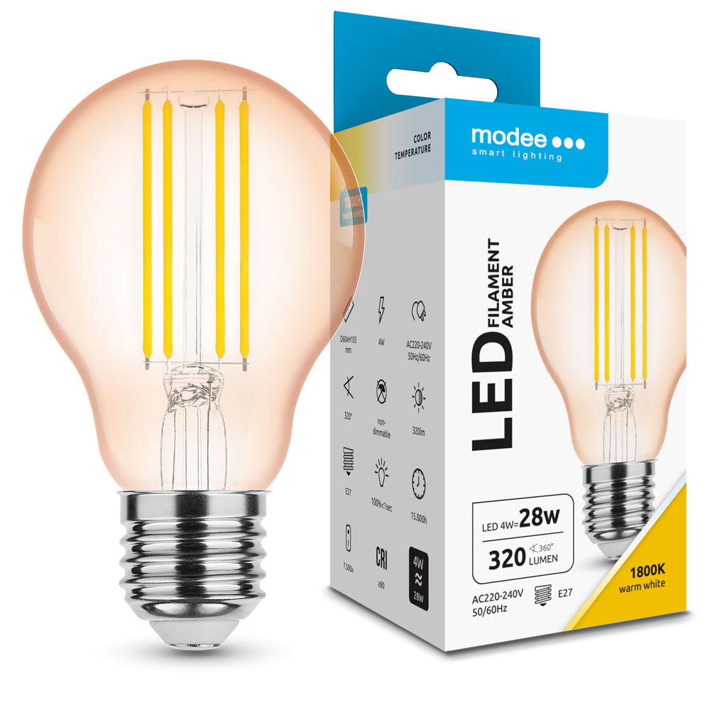 Modee LED Filament Amber Glob A60 4W E27 1800K 360 lumen 320° Glaslampa IP20