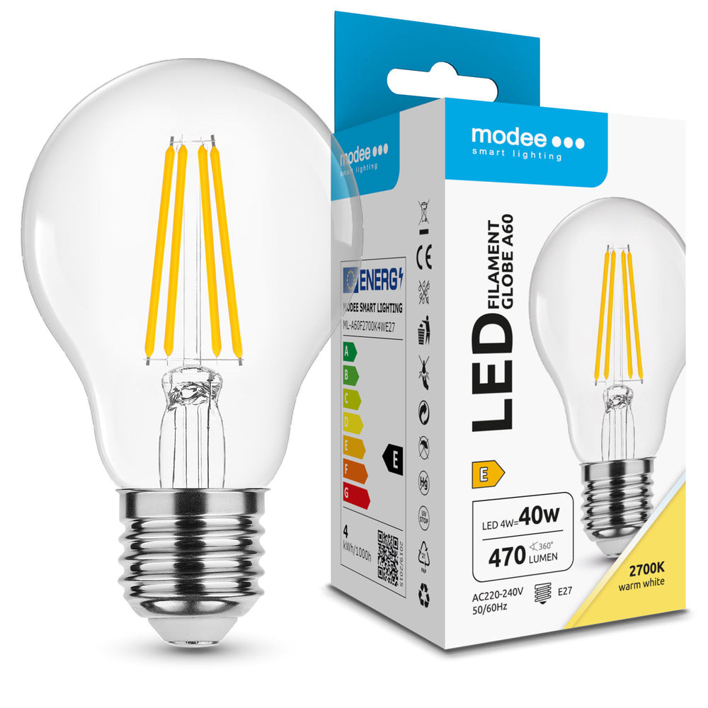 Modee LED filament bulb A60 4W E27 2700K 470 lumens 360° warm white glass globe non dimmable IP20