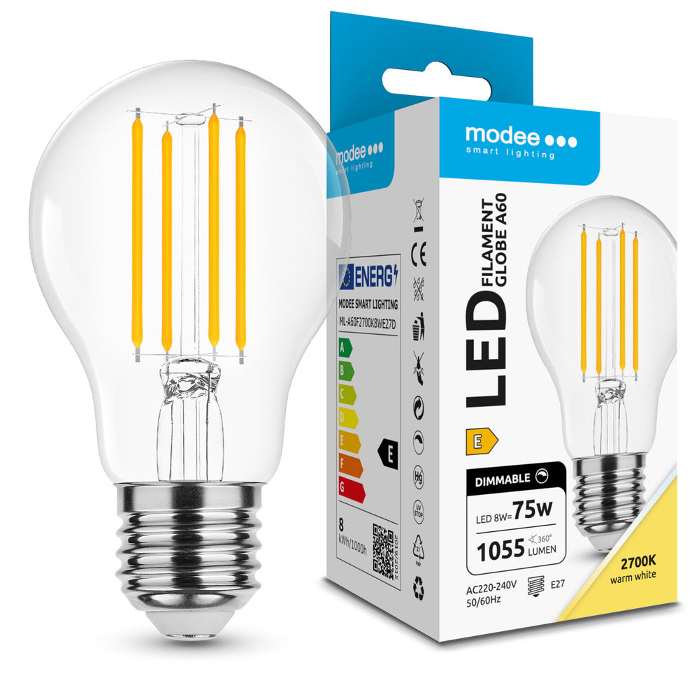 Modee LED Filament Bulb A60 8W E27 2700K 1055 lumens Dimmable Glass 360° Warm White