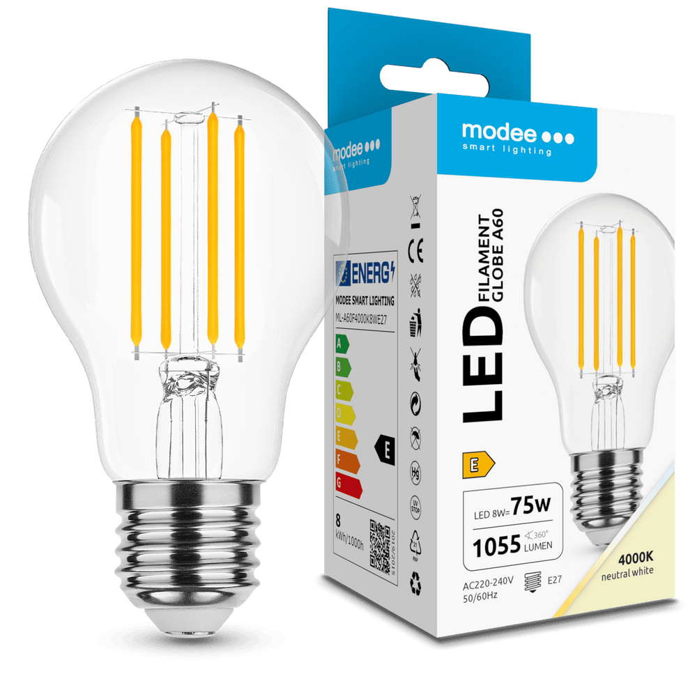 Modee LED Filamentlampa A60 8W E27 4000K 1055 lumen 360° Glasglob IP20 Ej dimbar
