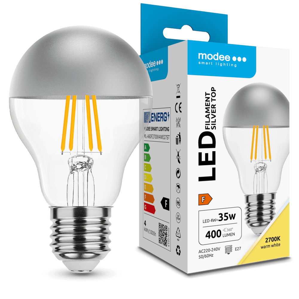 Modee LED Filament Bulb A60 E27 4W 2700K 400 lumens 320° Silver Top Glass Non-Dimmable