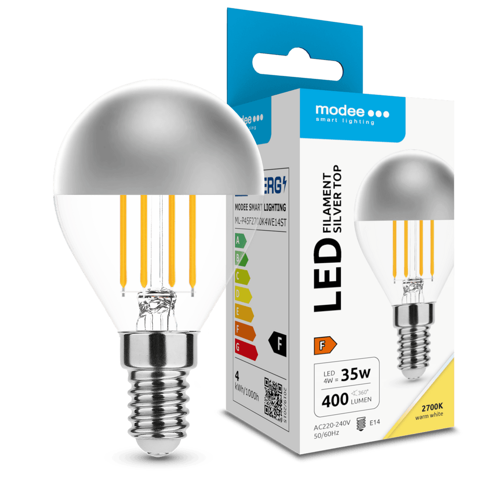 Modee LED filamentlampa G45 Silver Top 4W E14 2700K 400 lumen 320° varmvit glas krom