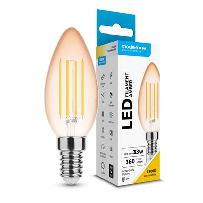 Modee LED Filament Ljus C35 4W E14 Bärnsten 1800K 360 lumen 320° Varm Ljuslampa