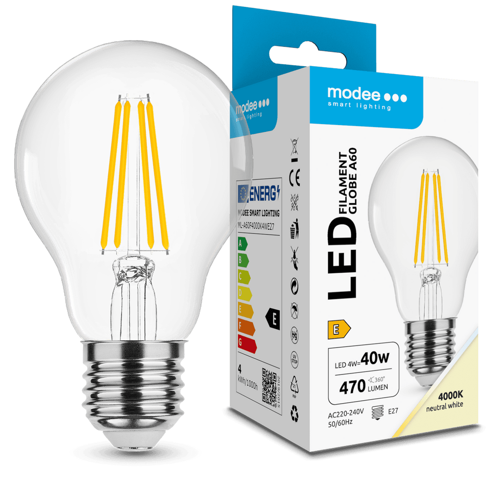 Modee LED Filament Glob A60 4W E27 4000K 470 lumen 360° Glaslampa IP20 CRI 80