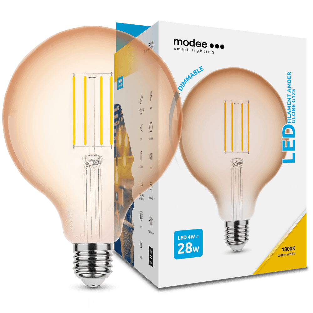 Modee LED Filament Glob G125 4W E27 Bärnsten 1800K 300 lumen 320° Dimbar IP20