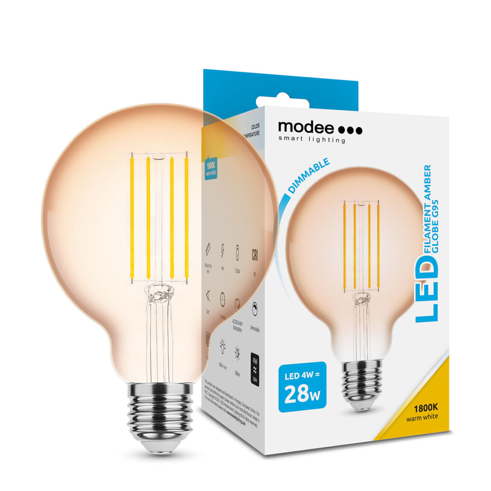 Modee LED Filament Glob G95 4W E27 Bärnsten 1800K 300 lumen 320° dimbar glödlampa IP20