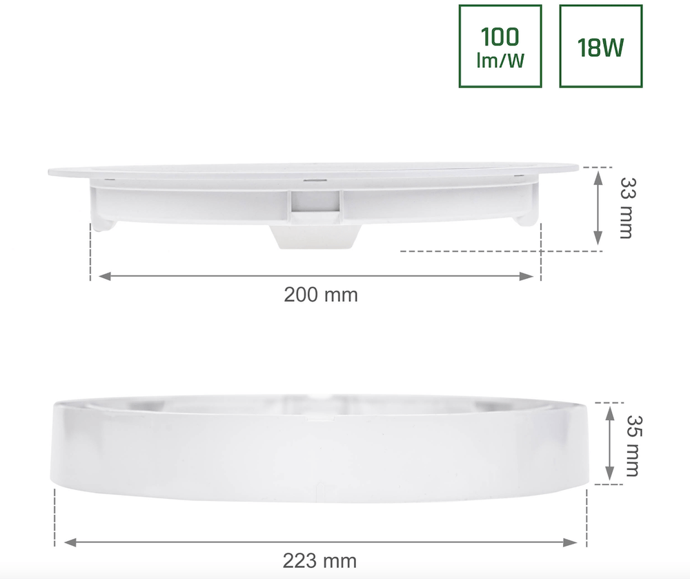 Spectrum LED takplafond rund 18W ersätter 105W, 3000K, 2200 lumen, IP20, CRI >80, 110° strålvinkel