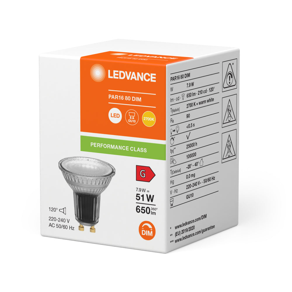 Performance LED Spot Reflektor GU10 PAR16 7.9W 2700K 650 lumen 120D dimbar hög CRI ersätter 51W