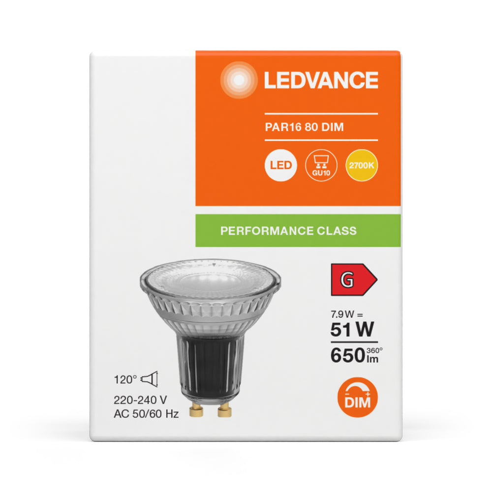 Performance LED Spot Reflektor GU10 PAR16 7.9W 2700K 650 lumen 120D dimbar hög CRI ersätter 51W