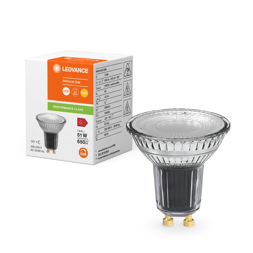 Performance LED Spot Reflektor GU10 PAR16 7.9W 2700K 650 lumen 120D dimbar hög CRI ersätter 51W