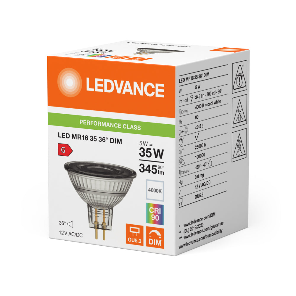 Performance LED Spot Reflektor GU5.3 MR16 5W 345 lumen 36D 4000K Kallvit dimbar ersätter 35W