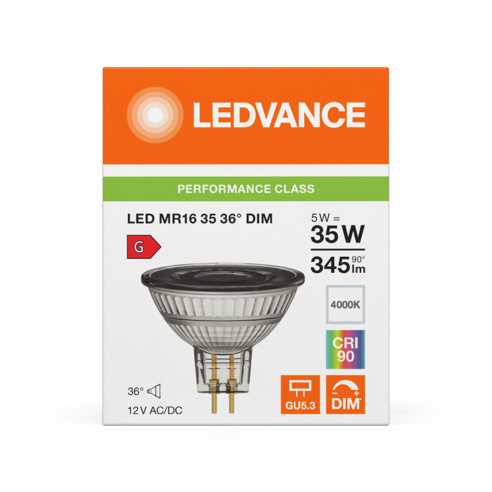 Performance LED Spot Reflektor GU5.3 MR16 5W 345 lumen 36D 4000K Kallvit dimbar ersätter 35W