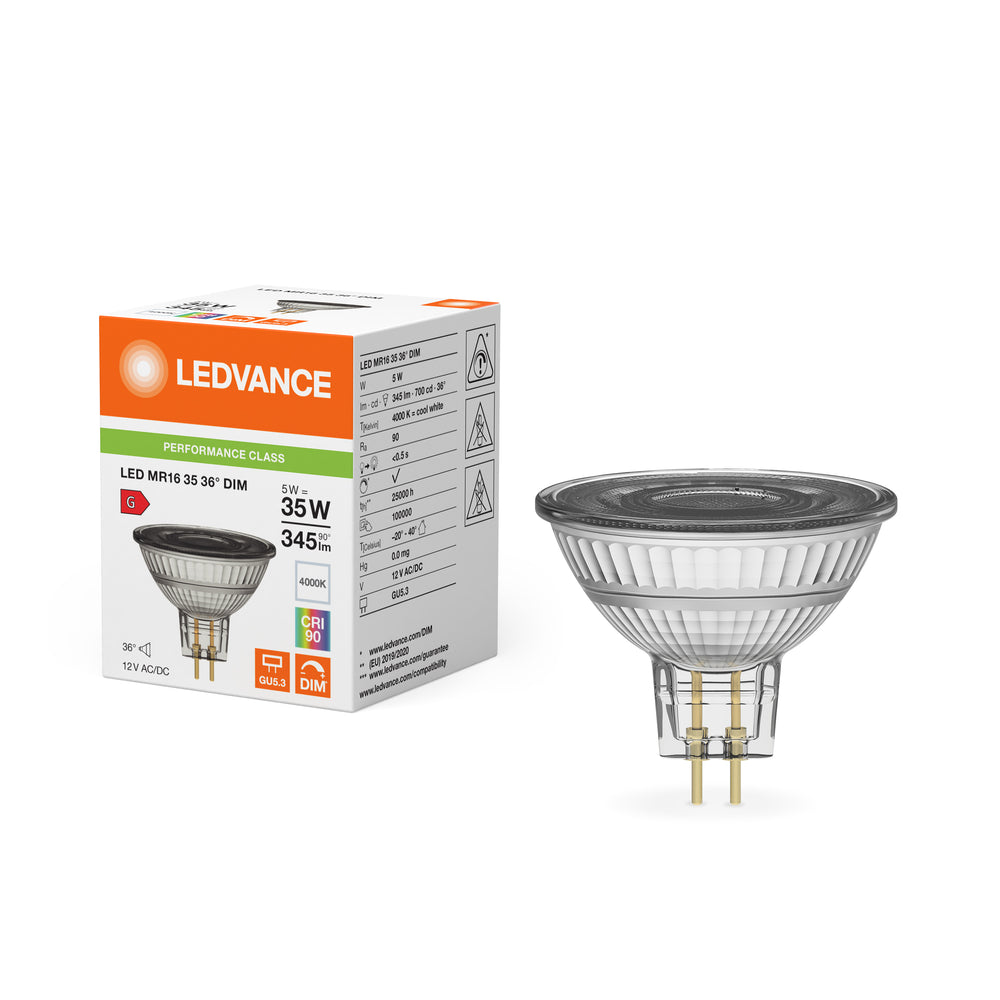 Performance LED Spot Reflektor GU5.3 MR16 5W 345 lumen 36D 4000K Kallvit dimbar ersätter 35W