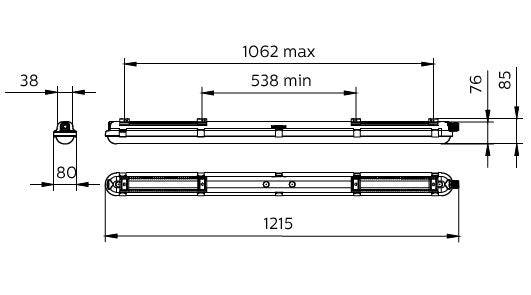 Philips CoreLine WT120C G2 LED vattentät armatur, 30.5W 4000K 4000 lumen, DALI dimbar, IP65 IK08, 1215mm Grå
