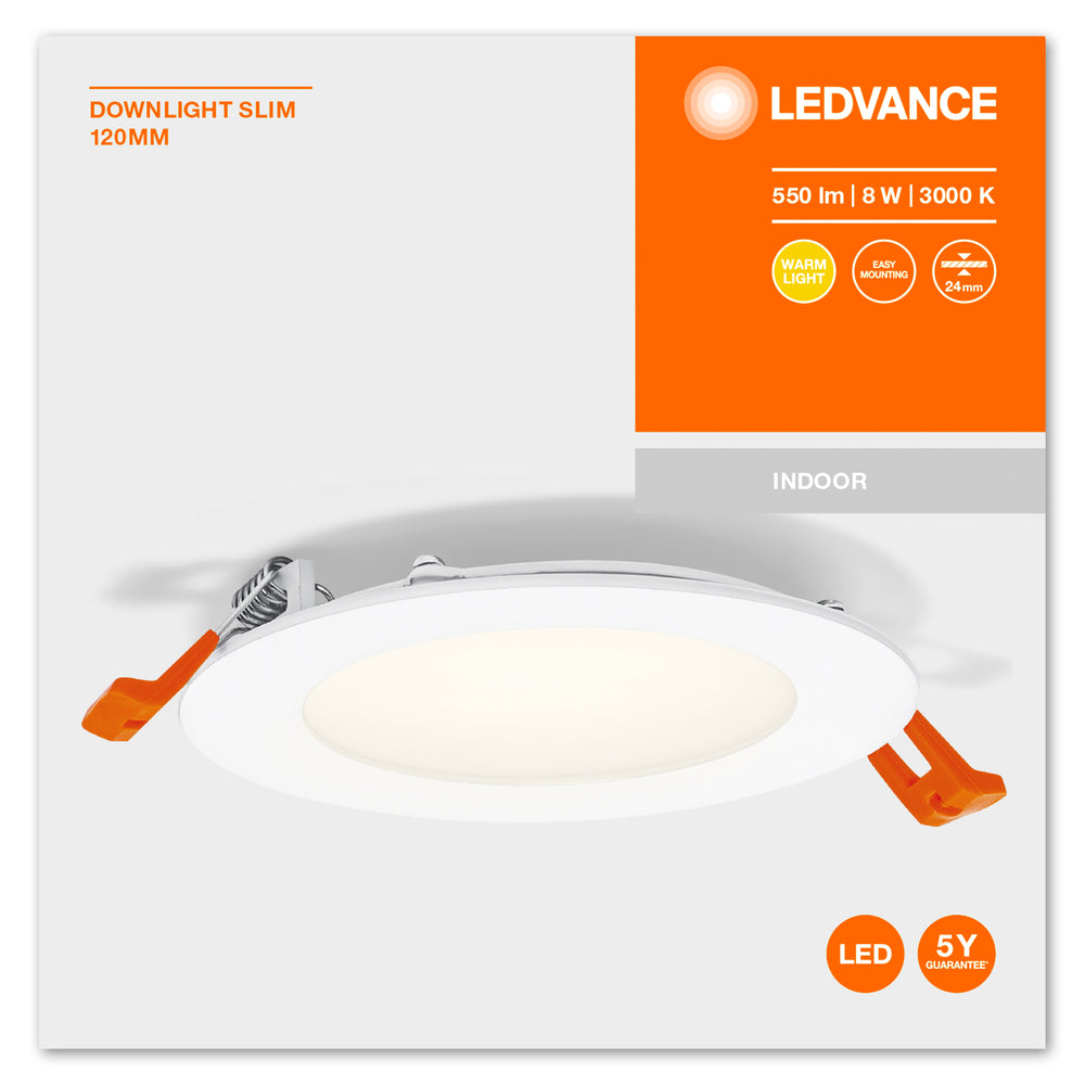 Slim LED Downlight 8W 550 lumen 3000K Varmvit 110° Infälld Rund Utskärning 105mm Vit Yta
