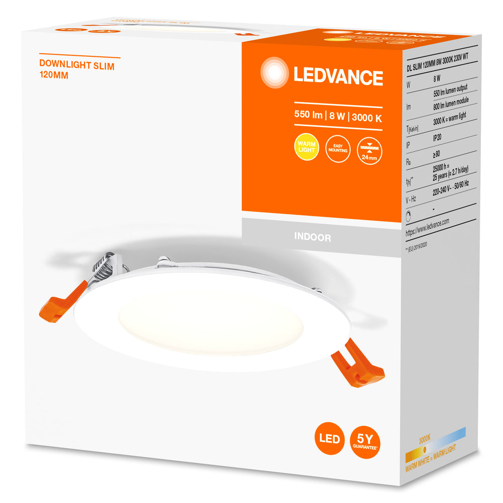Slim LED Downlight 8W 550 lumen 3000K Varmvit 110° Infälld Rund Utskärning 105mm Vit Yta