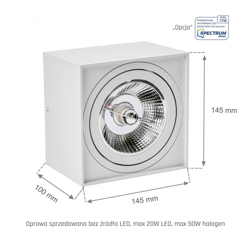 Spectrum CHLOE AR111 GU10 square LED spotlight, IP20, white, aluminum housing, 250V, indoor use, long lifespan