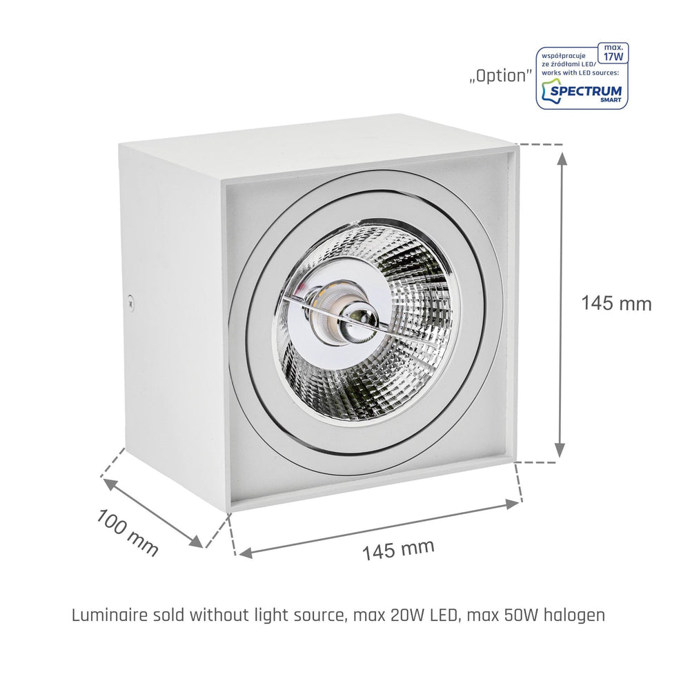 Spectrum CHLOE AR111 GU10 square LED spotlight, IP20, white, aluminum housing, 250V, indoor use, long lifespan