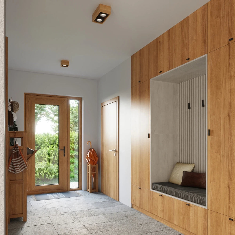 Sollux Lighting QUATRO 2 LED takspot i naturträ, IP20, 220-240V, CRI 80, matt guld aluminium