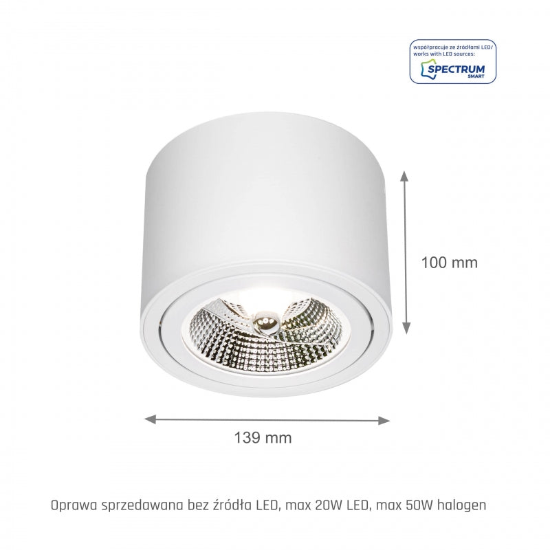 Spectrum CHLOE AR111 GU10 LED Taklampa, Justerbar Rund Vit, Ytmonterad, IP20 20W Max