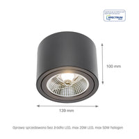 Spectrum CHLOE AR111 GU10 LED taklampa, IP20, rund justerbar svart aluminiumhölje, 20W max 250V
