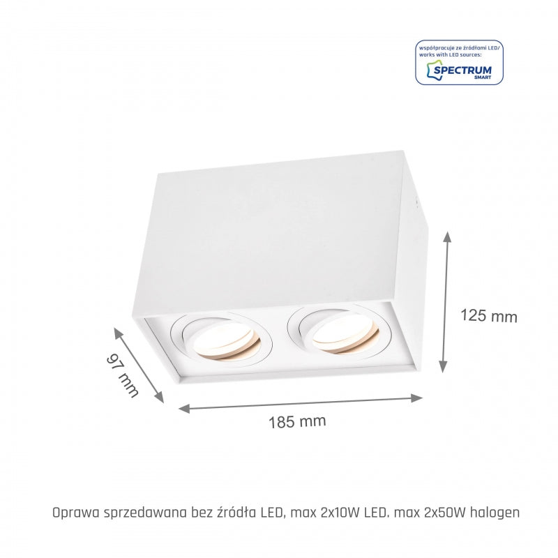 Spectrum CHLOE DUO White Rectangle Adjustable Ceiling Spot Light 2xGU10 Surface Mounted IP20 Indoor