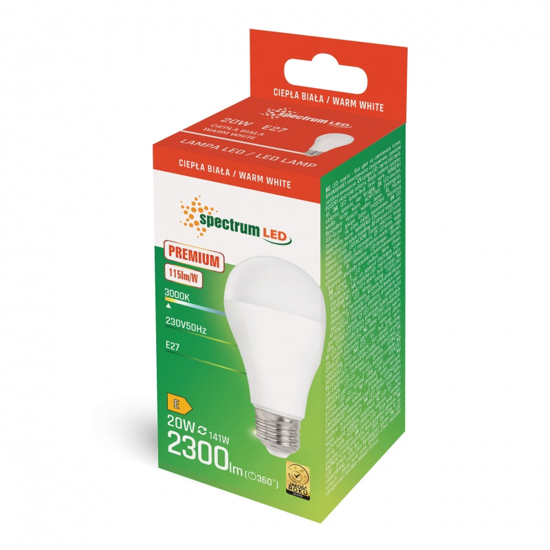 Spectrum LED A65 E27 230V 20W Varmvit 3000K GLS Lampa 2300 lumen IP20 >80CRI Ej dimbar