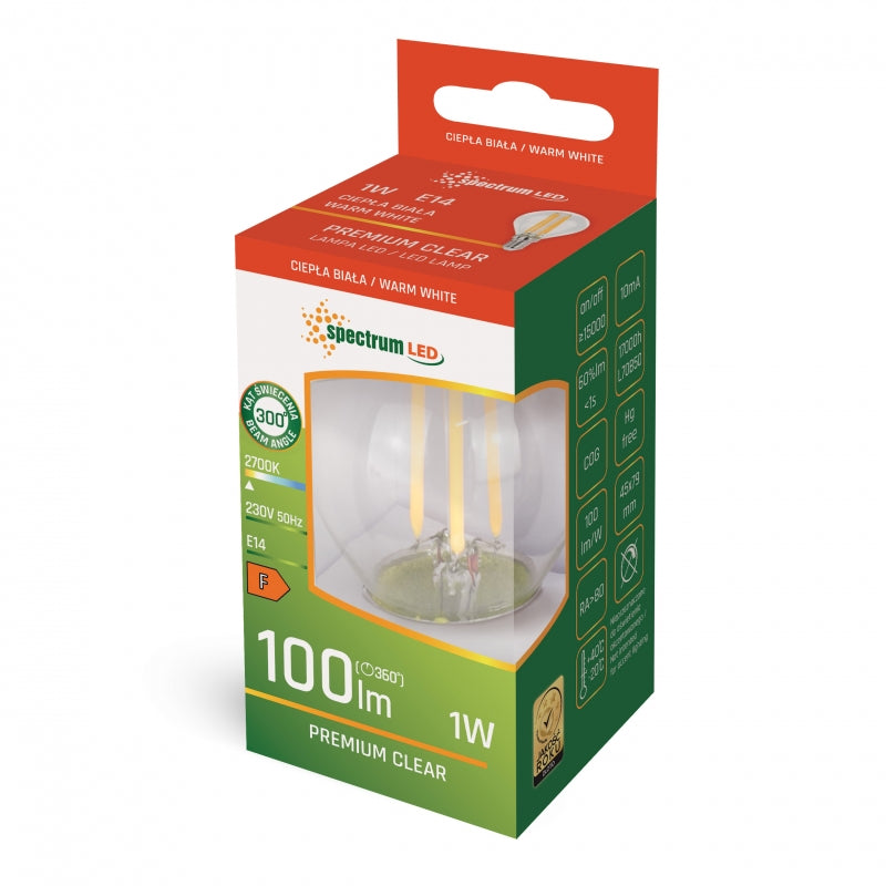 Spectrum LED Klot G45 E14 1W 230V 2700K Varmvit Klarglas Ej dimbar Inomhuslampa