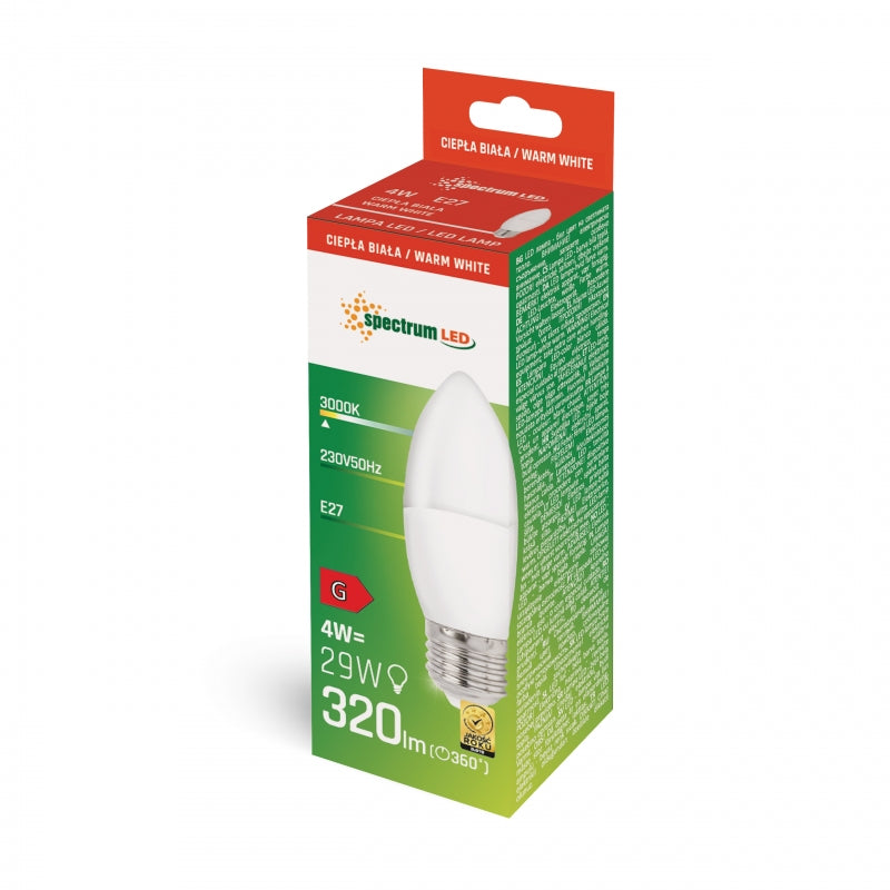 Spectrum LED Candle C37 E27 4W 3000K Warm White 320 lumens 230V non dimmable indoor bulb