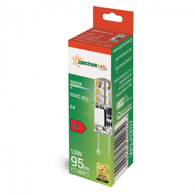 Spectrum LED G4 lampa 12V 1.5W Varmvit 3000K 95 lumen silikonhölje 270° spridning ej dimbar