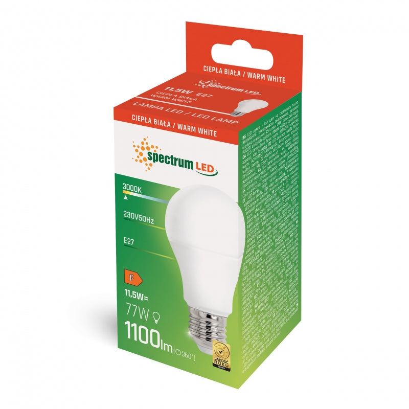 Spectrum LED GLS A60 E27 230V 11.5W 3000K varmvit glödlampa 1100 lumen 220° spridning 17000h