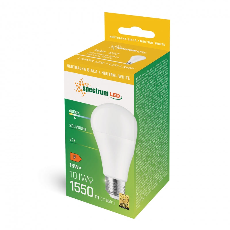 Spectrum LED GLS A65 Ljuskälla E27 230V 15W 4000K Neutralvit 1550 lumen 270° Spridning