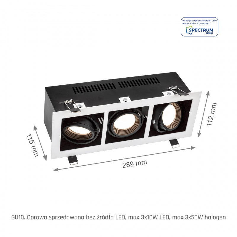 Spectrum LED infällt ram för 3x GU10, Vit aluminiumhölje, 3x10W max, 250V, IP20 inomhusbelysning