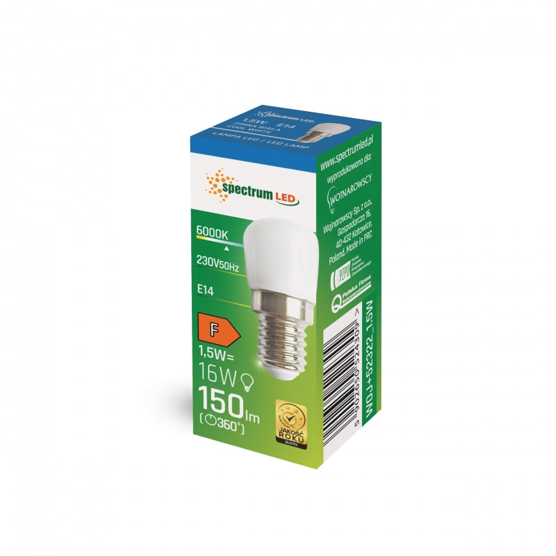 Spectrum LED T26 1.5W E14 230V 6000K kallvit glödlampa 150 lumen, 120° spridning, CRI 80 för belysning inomhus