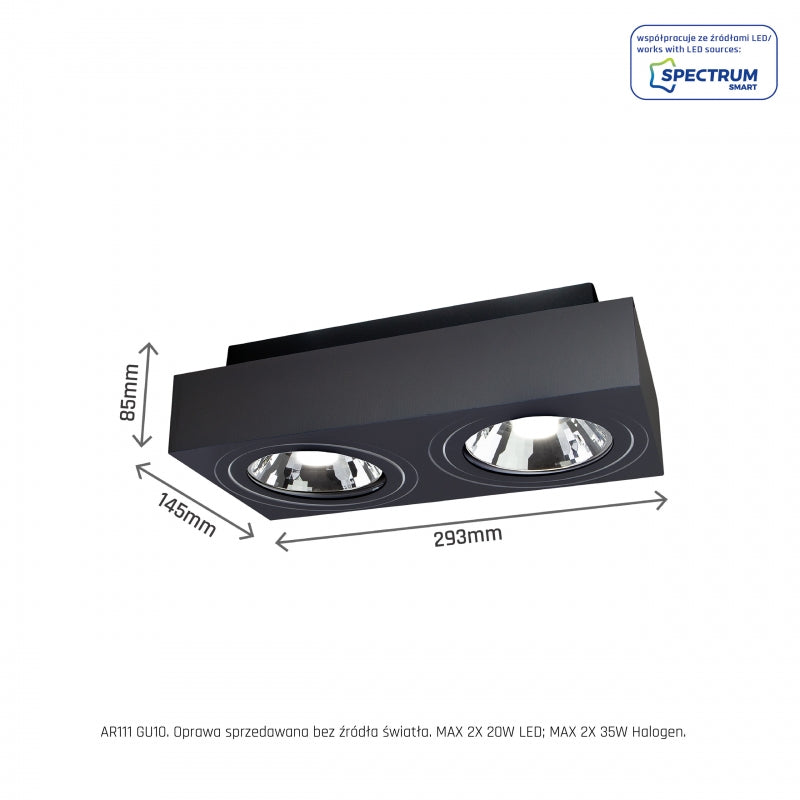 Spectrum MIRORA AR111 GU10 surface spotlight, 2x20W LED, 250V IP20, black adjustable rectangular ceiling mount