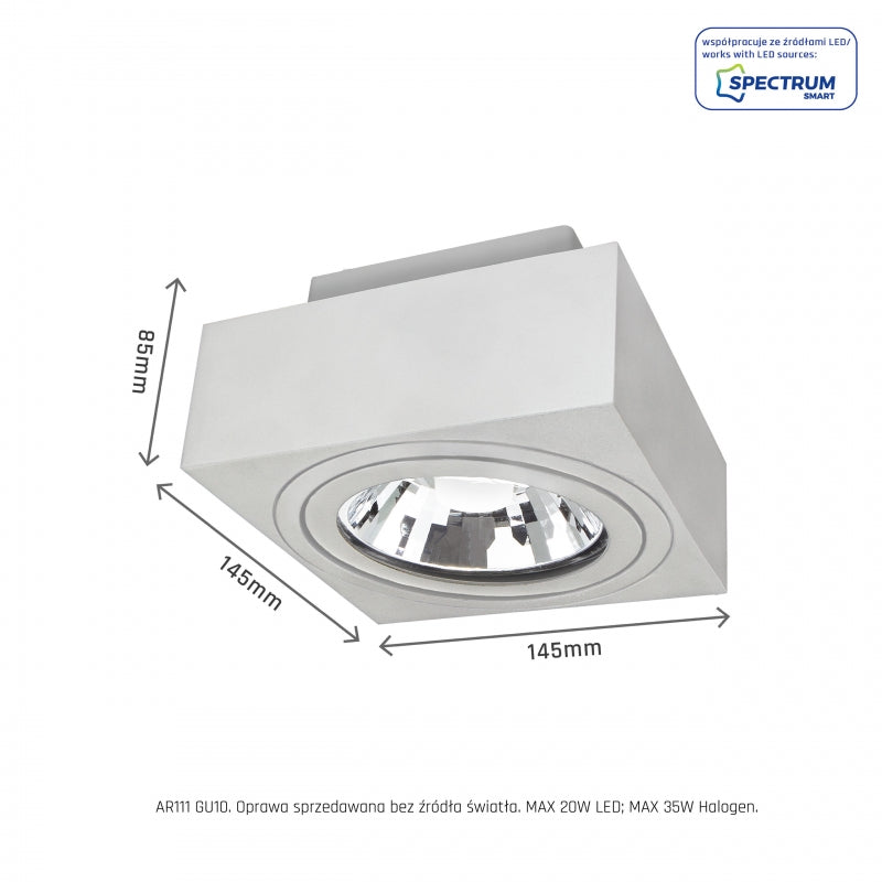 Spectrum MIRORA AR111 surface-mounted GU10 spotlight, 250V, 20W max, IP20, adjustable White aluminum housing