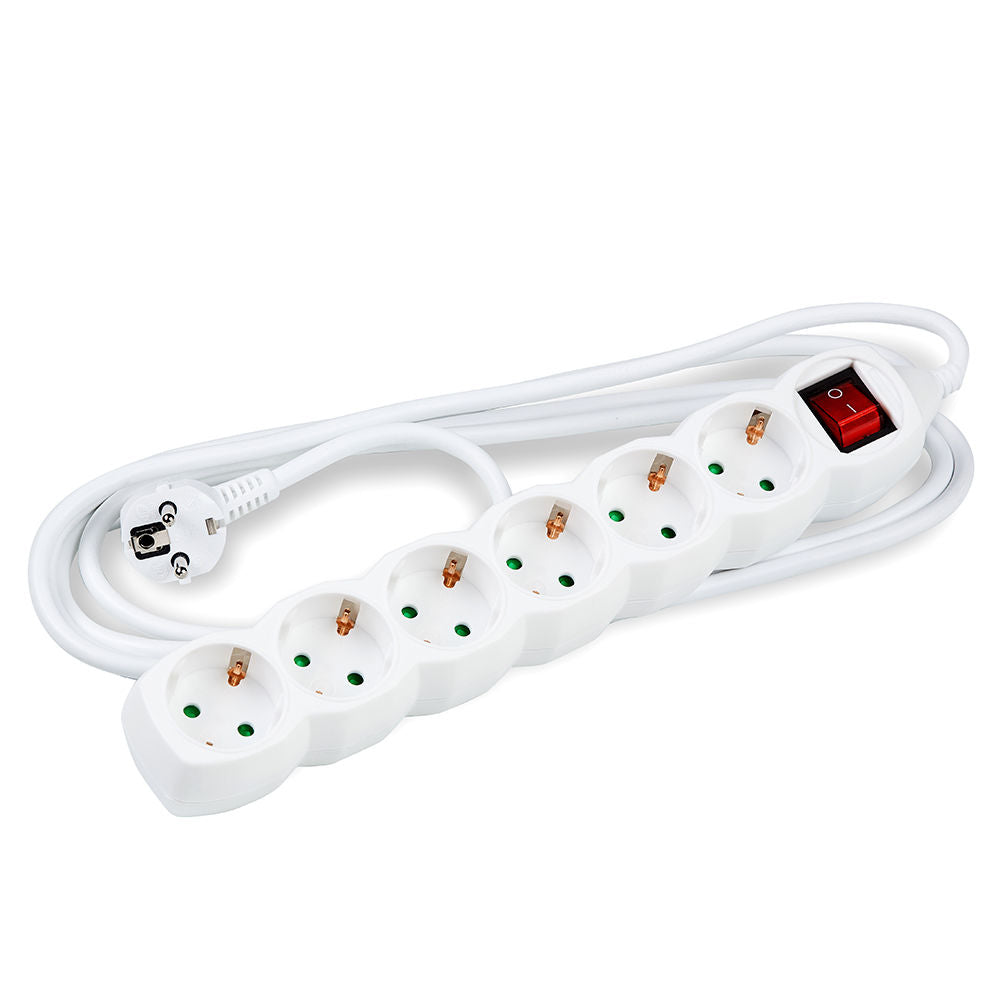Technik 6-vägs grenuttag med 5m 1,5mm² kopparkabel, brytare, barnskydd, Vit 16A